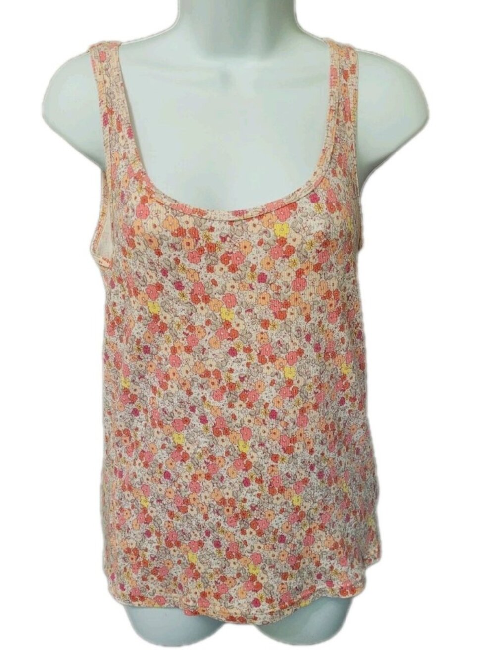 Vintage Y2K ‎ Tank Top Ribbed Knit L Stretch 90s Preppy Orange Pink Floral